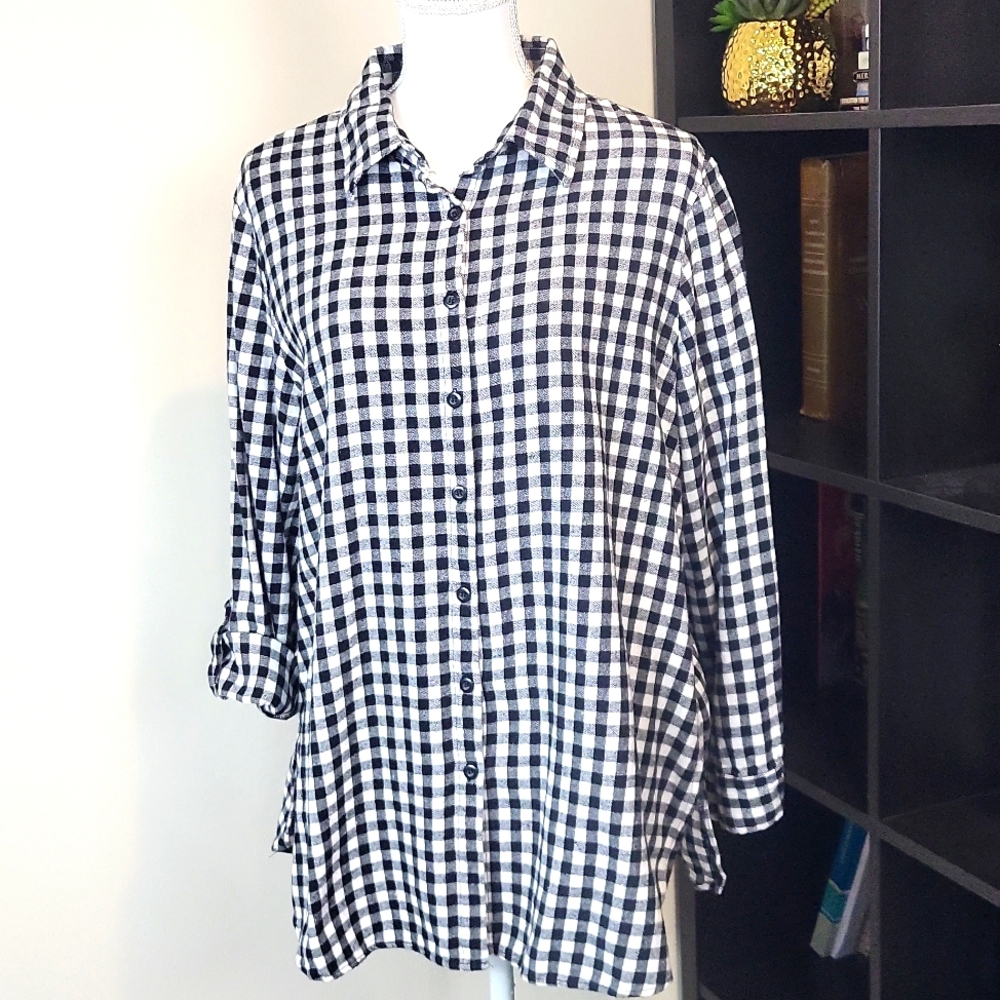 SERENGETI Black White Gingham Check Flannel Roll-Tab Sleeve Button Down